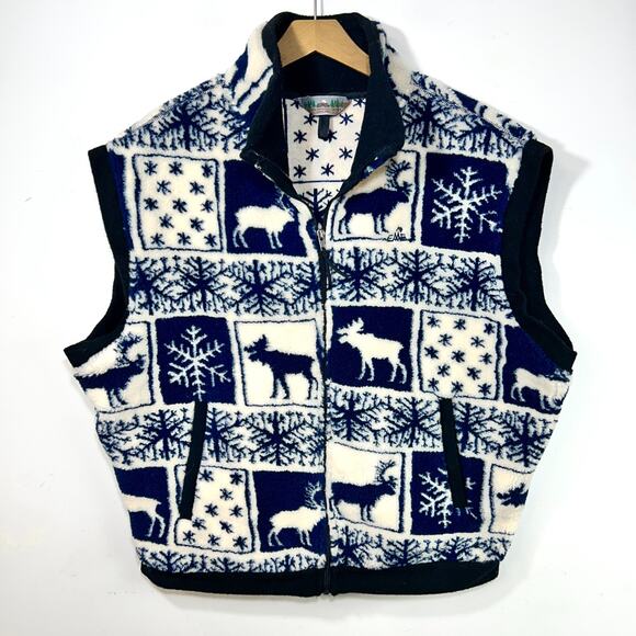 Vintage Fleece Vest USA L Elk Snowflake Print Cream Navy Eastern Mountain Sports